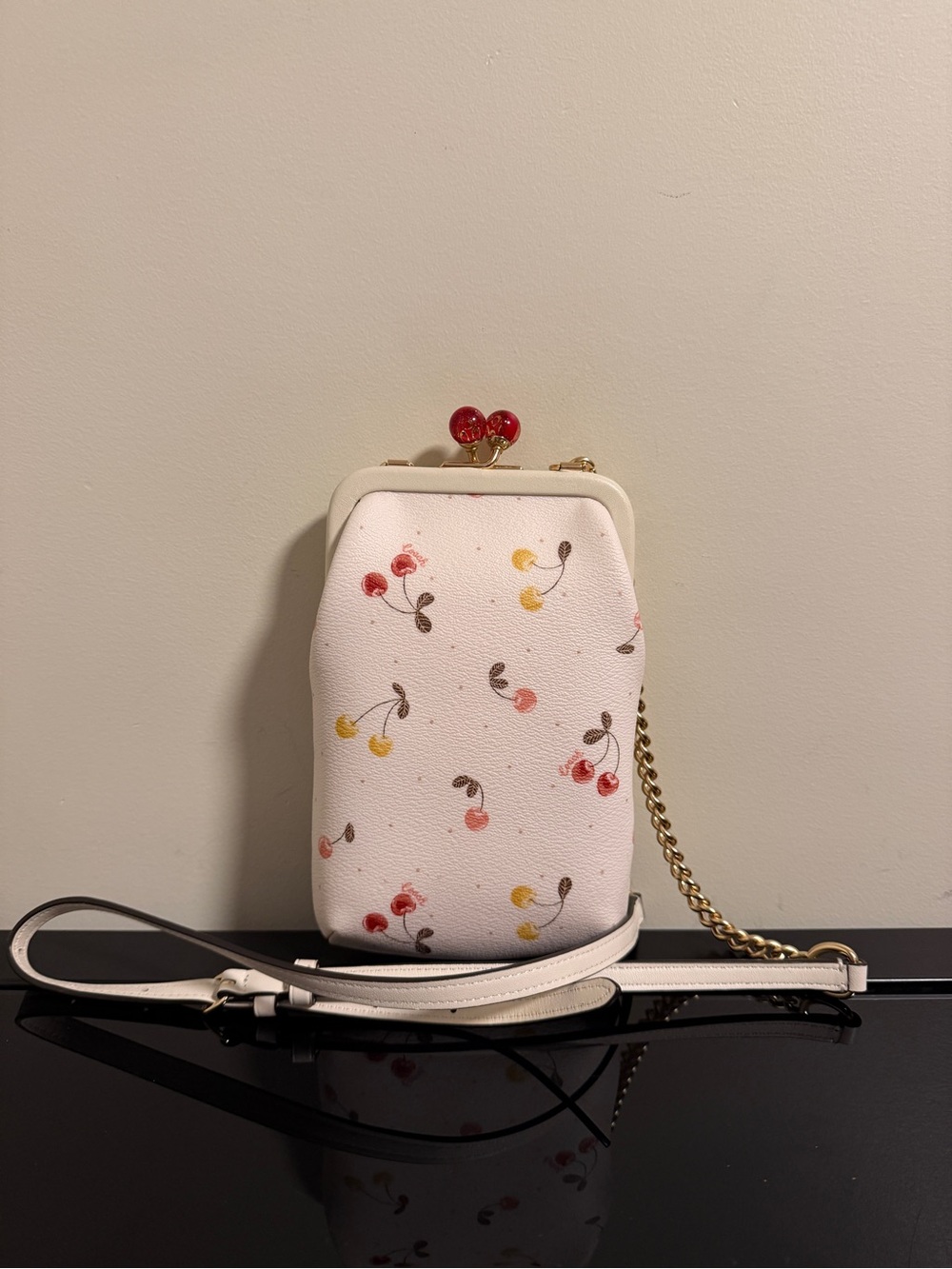 Coach White Cherry-Print Crossbody Bag with Gold Chain